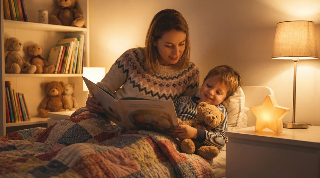 A cozy bedroom scene where a mom is reading a physical picture book to her sleepy child