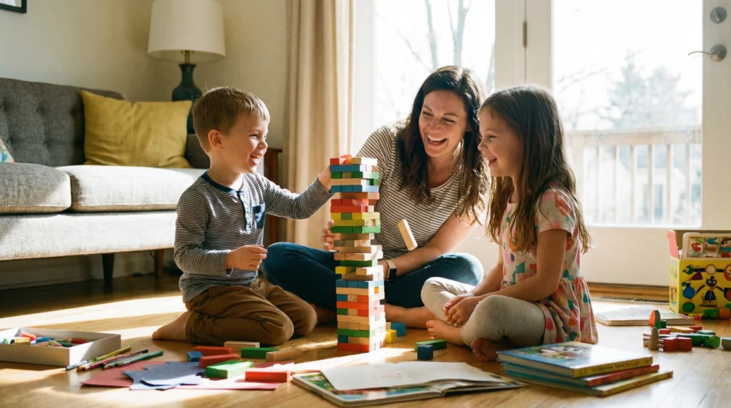 A happy mom and two kids engaging in a screen-free activity
