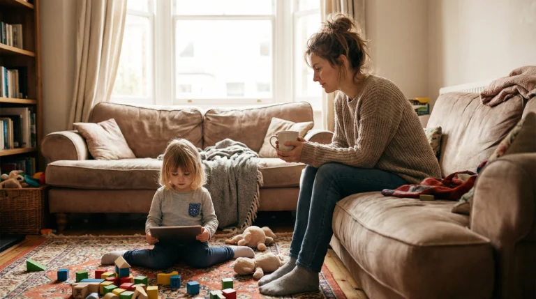 A relatable mom sitting on a living room couch watching her young child play on a tablet