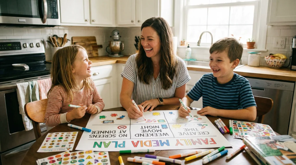 A smiling mom and two children sitting at a kitchen table