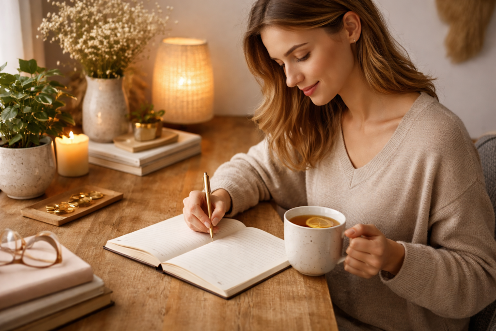 Cozy journaling moment with tea
