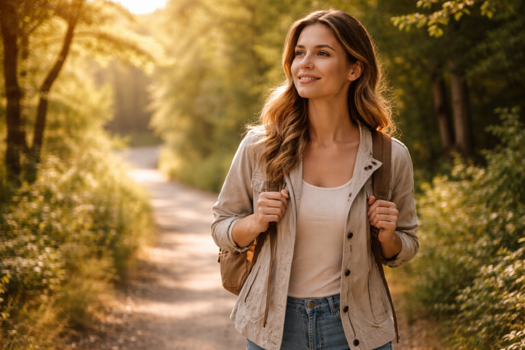 Walking through a sunlit forest path