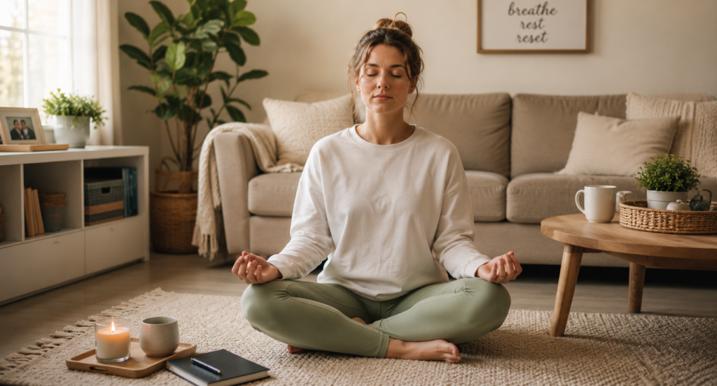 Mom meditating in a calm living room as part of her burnout recovery routine