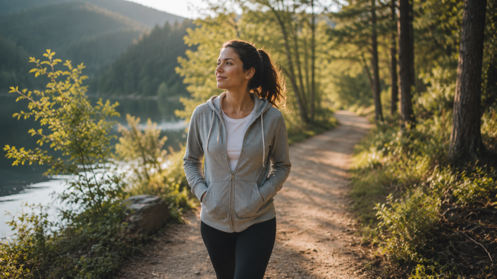 Mom walking outside in nature to reduce stress and support burnout recovery