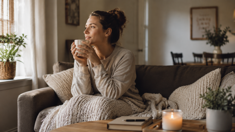 Tired mom taking a quiet tea break at home for burnout recovery