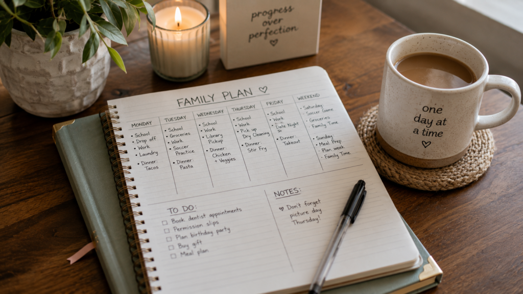 Family planning notebook with weekly tasks and coffee on a cozy table