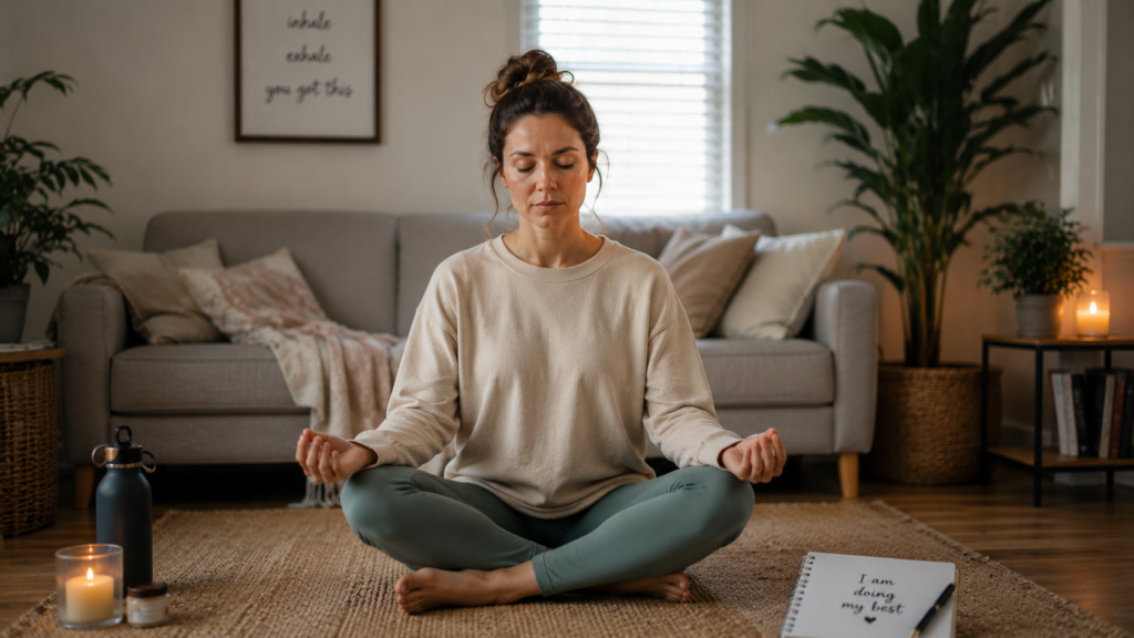 Mom meditating in a calm living room to reset from the mental load