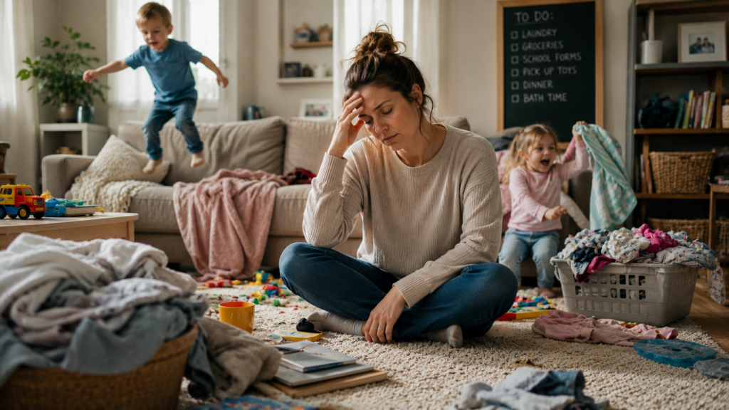 Overwhelmed mom sitting in the living room while children play nearby during a stressful day