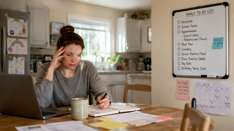 Tired mom reviewing a family to-do list at the kitchen table while managing the mental load