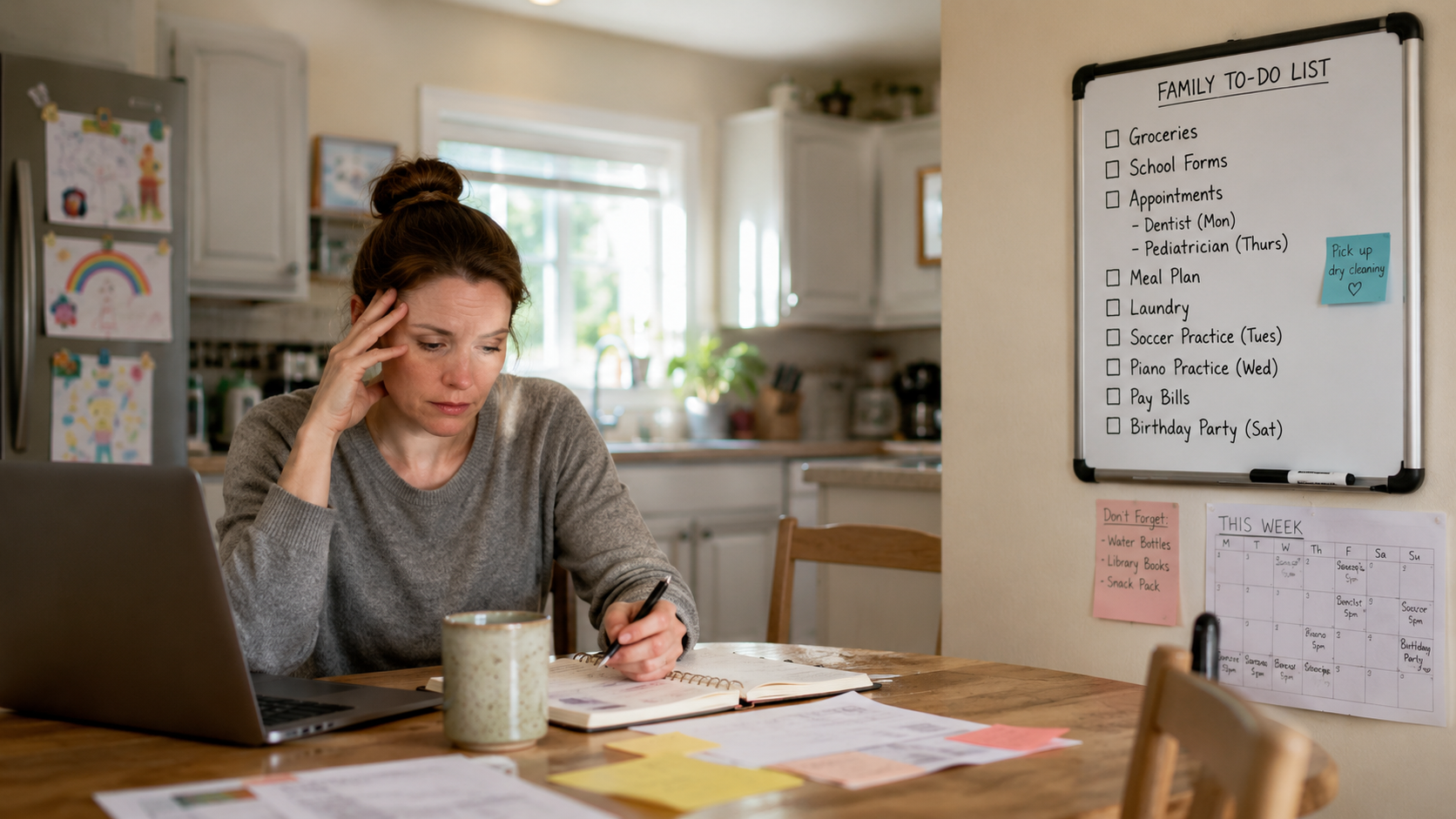Tired mom reviewing a family to-do list at the kitchen table while managing the mental load