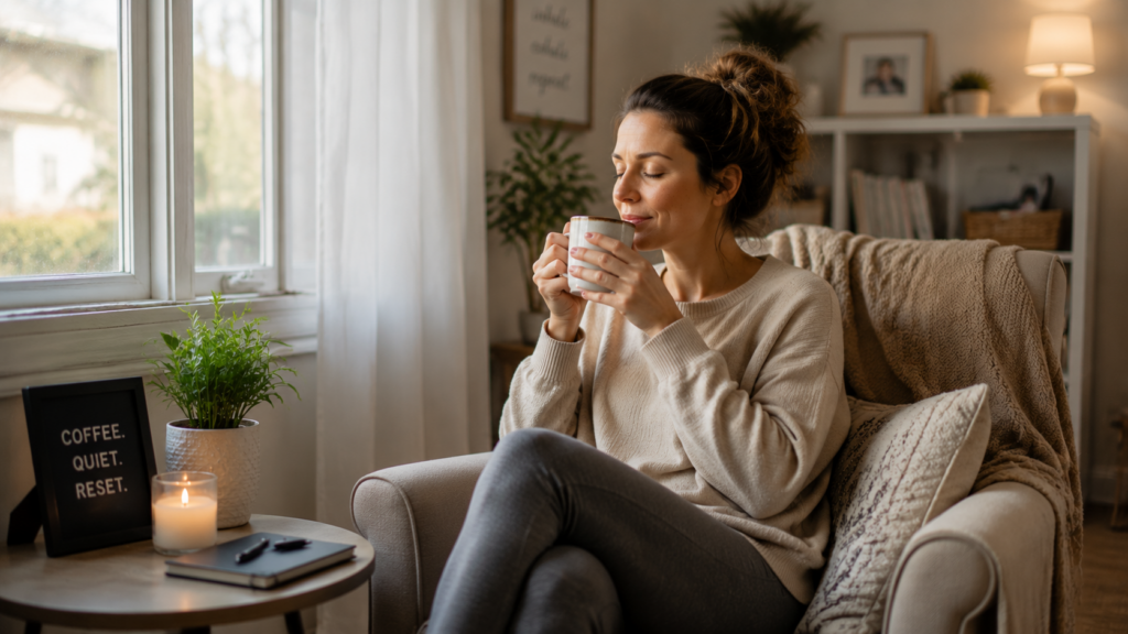 Mom taking a calm coffee break away from phone to reduce digital overstimulation