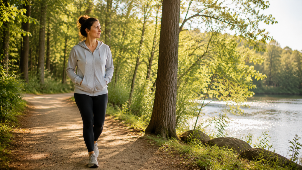 Mom walking outside in nature to disconnect from digital devices and reduce stress