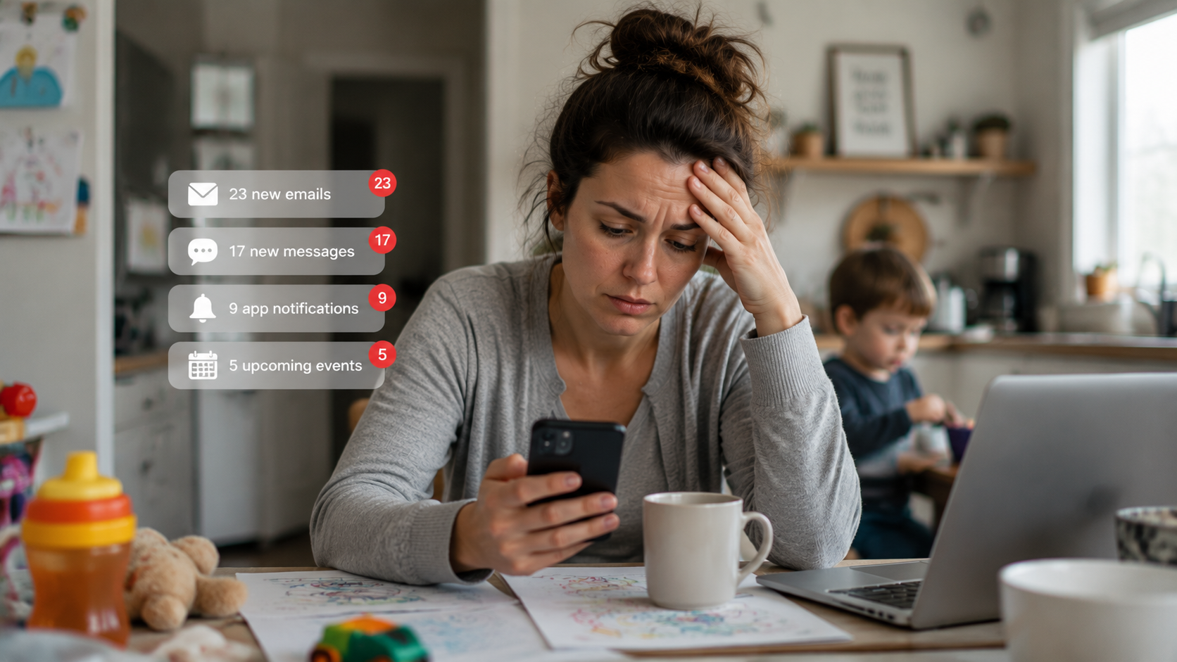 Tired mom checking phone notifications in the morning feeling digital overload and stress