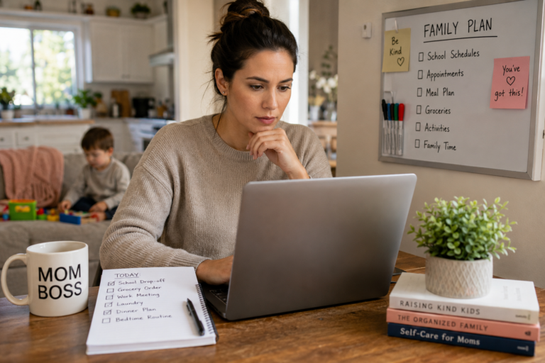 Busy mom using AI tools on a laptop to organize family schedules and daily tasks
