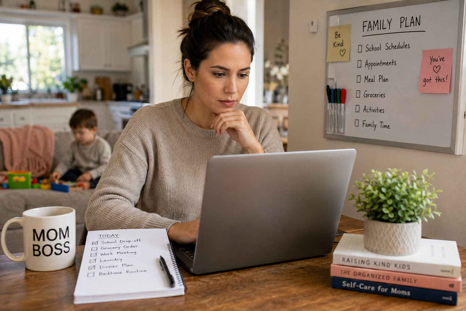 Busy mom using AI tools on a laptop to organize family schedules and daily tasks