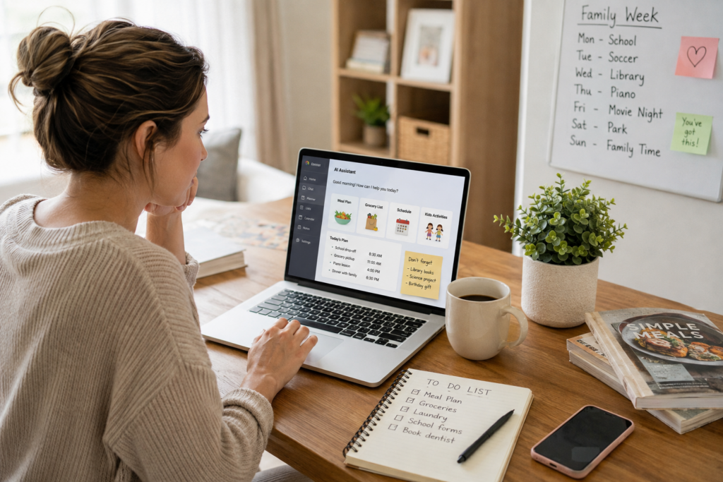 Mom using an AI family planning assistant on a laptop for meals, errands, and weekly scheduling