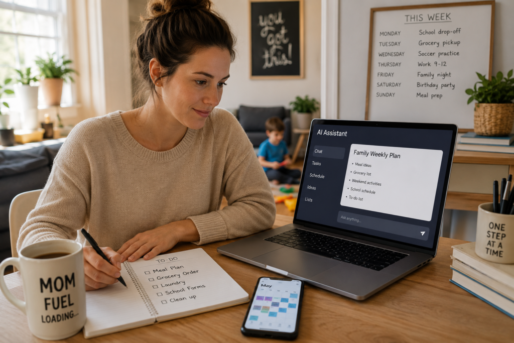 Mother organizing family tasks with an AI assistant, notebook, calendar, and weekly schedule at home