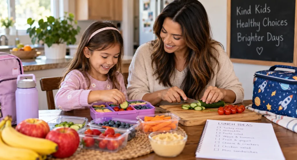 Mom and daughter preparing fresh vegetables together in a sunny kitchen