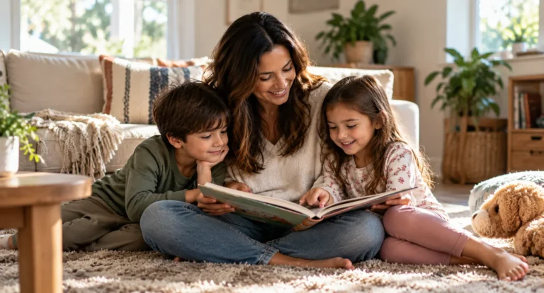 Mom reading a picture book with two children during a relaxed family afternoon
