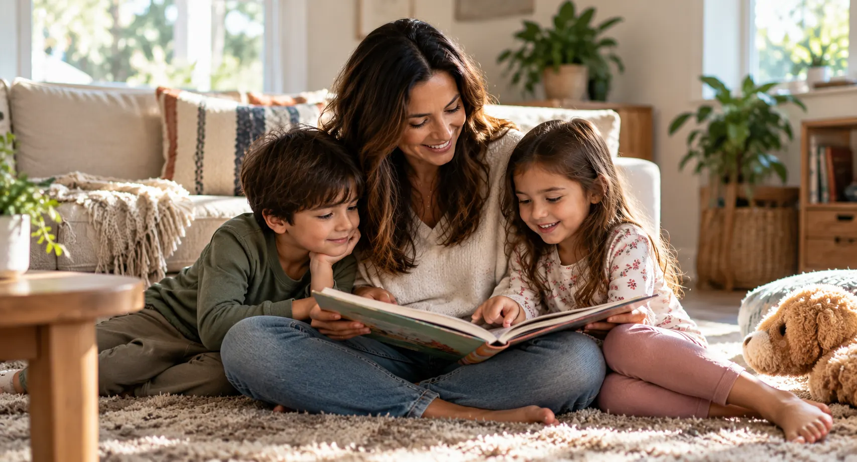 Mom reading a picture book with two children during a relaxed family afternoon