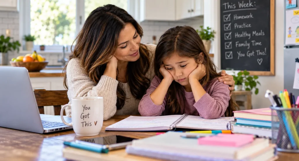 Mother comforting her daughter during homework at the family kitchen table